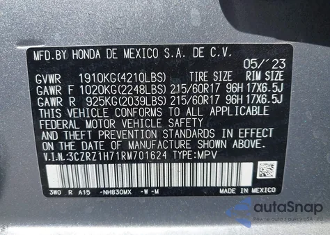 2024 Honda Hr-V 2Wd Ex-L/2Wd Ex-L W/O Bsi from USA, damaged, VIN 3CZRZ1H71RM701624